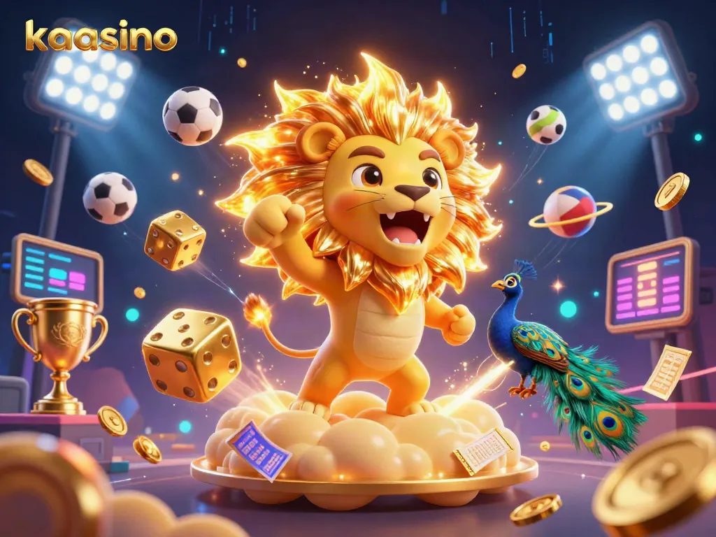 Kaasino elevates excitement with a dazzling 3D illustration showcasing a roaring lion amidst flying sports elements.