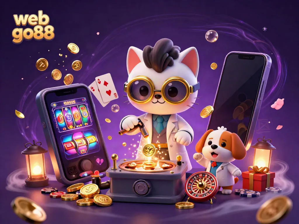 Experience colorful excitement at web go88 as a mad scientist cat creates a wealth of fun in a vibrant casino lab.