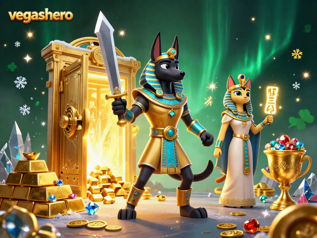 Experience thrilling gameplay with vegashero featuring Anubis and Bastet amidst a treasure-filled casino.