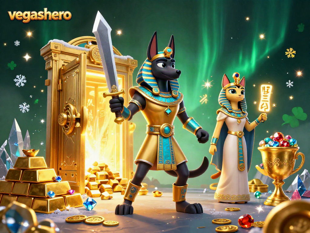 Experience thrilling gameplay with vegashero featuring Anubis and Bastet amidst a treasure-filled casino.