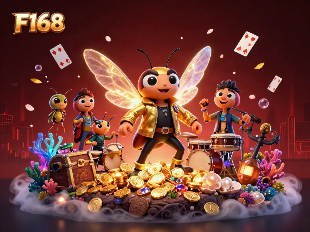 F168 rock star theme casino illustration featuring dynamic elements and vibrant visuals.