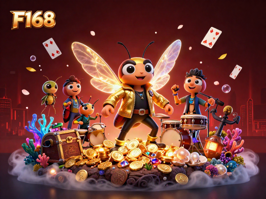 F168 rock star theme casino illustration featuring dynamic elements and vibrant visuals.