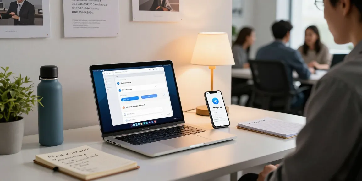 Using Telegram Chinese Version in a modern workspace with a laptop, smartphone, and motivational decor