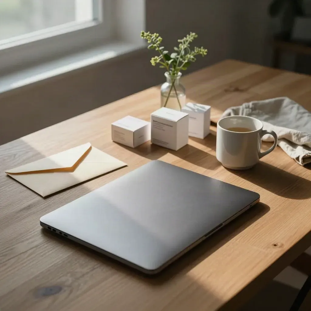 Vroege thuiswerktafel met laptop, productdozen, mok en klein vaasje groen.