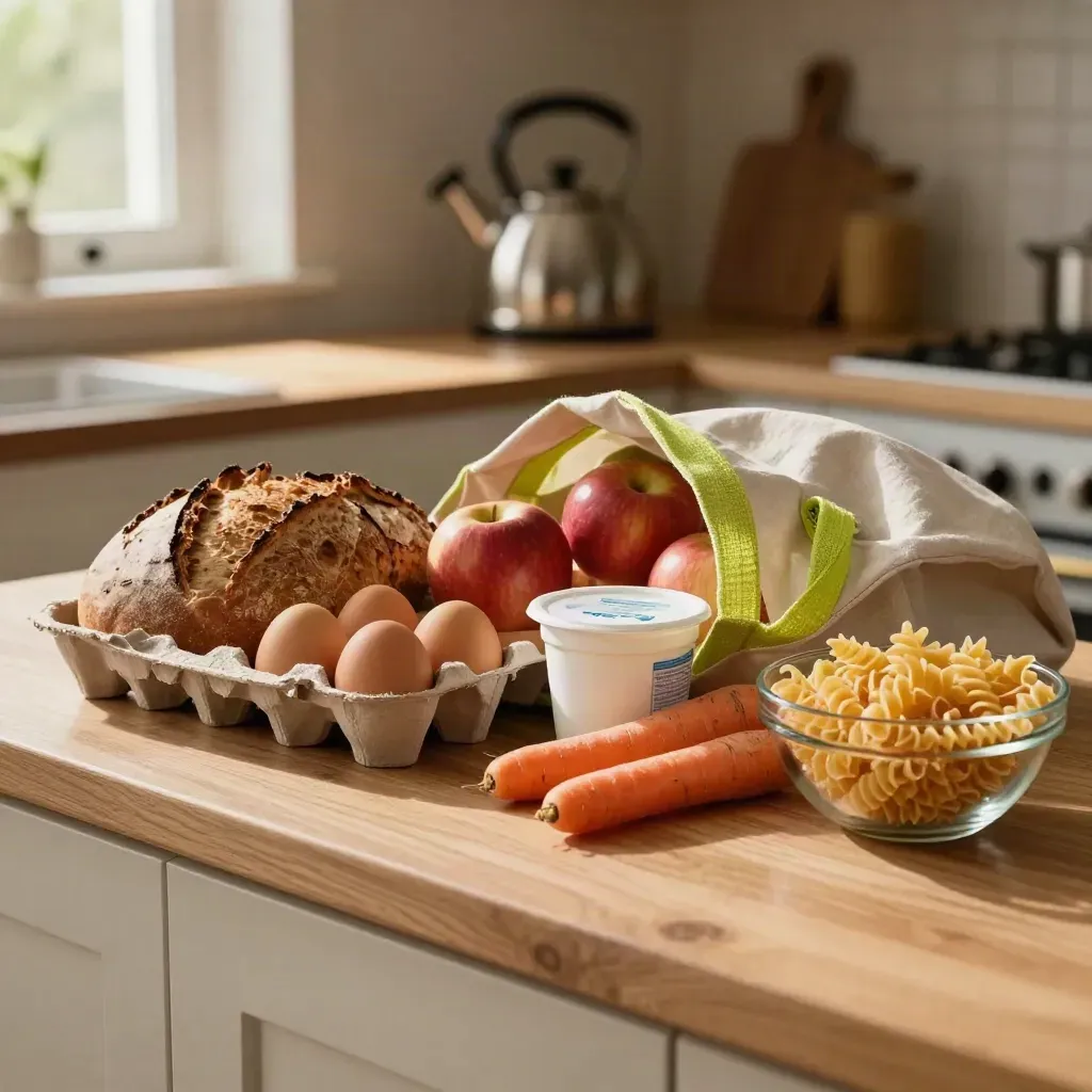 Keukenblad met brood, eieren, appels, yoghurt, wortels, pasta en een linnen boodschappentas.