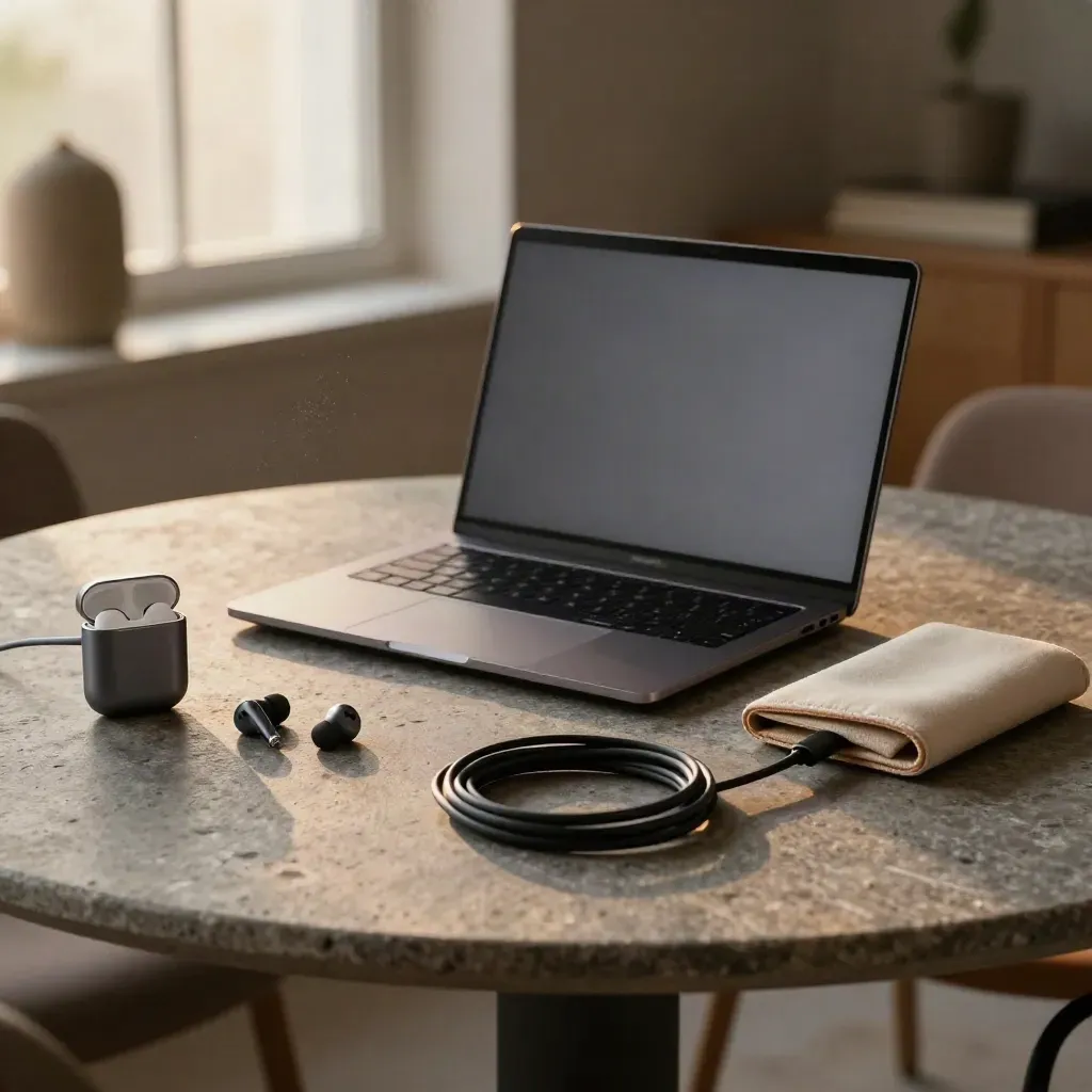 Refurbished laptop met oordopjes, oplader en kabel op een stenen tafel in warm licht.