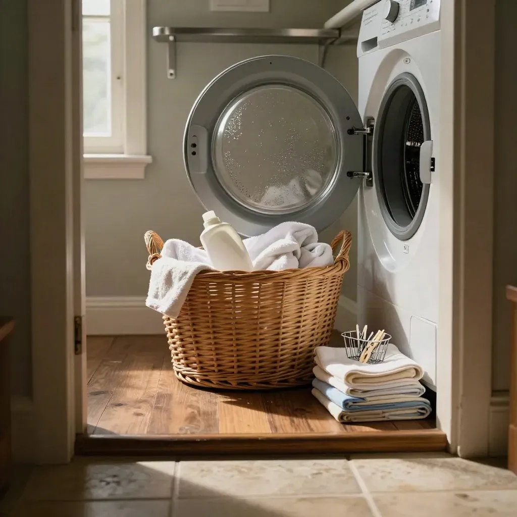 Wasmand met handdoeken en wasmiddel bij een open wasmachine in een vochtige wasruimte.