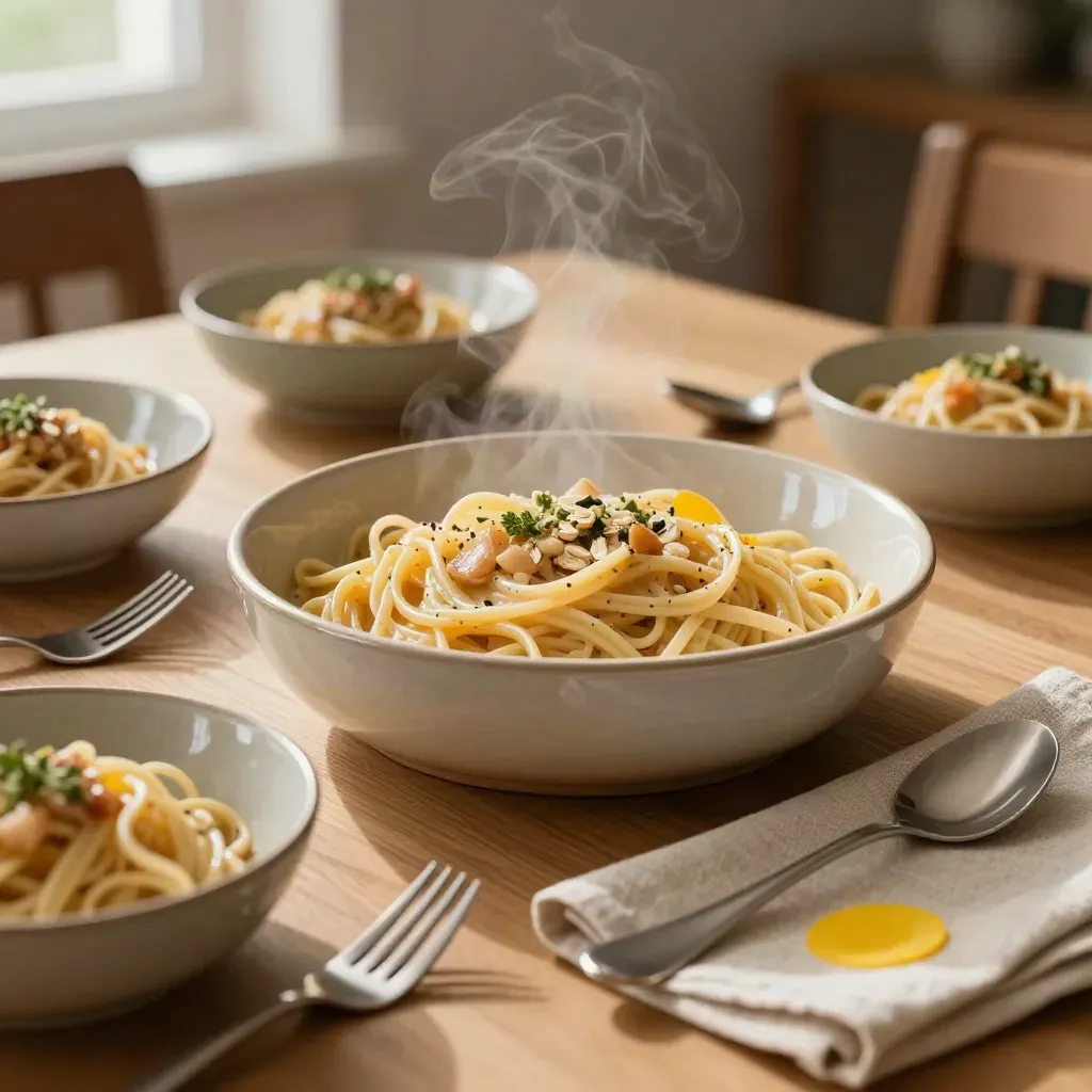 Vier kommen pasta en een dampende serveerschaal op een houten familietafel