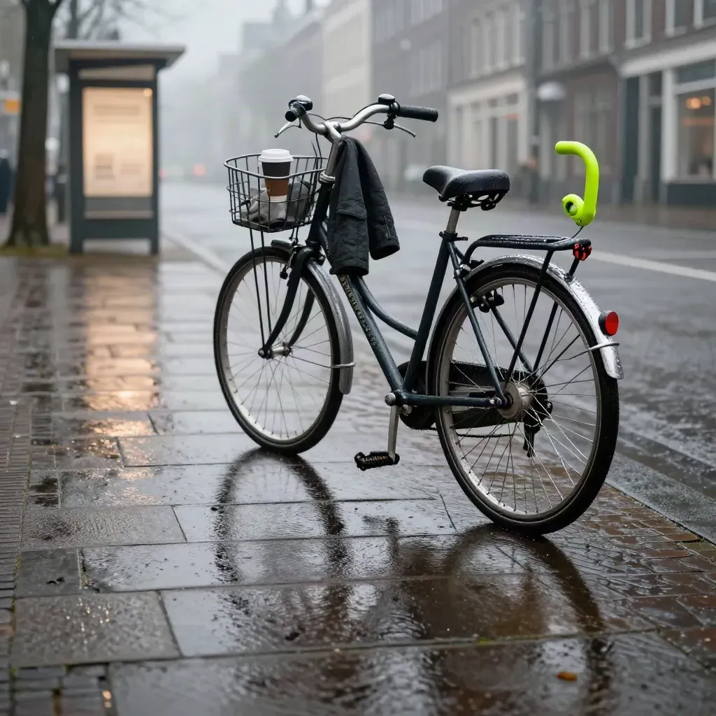 Natte stoep met fiets, koffiebeker, jas en vage tramhalte in de verte.