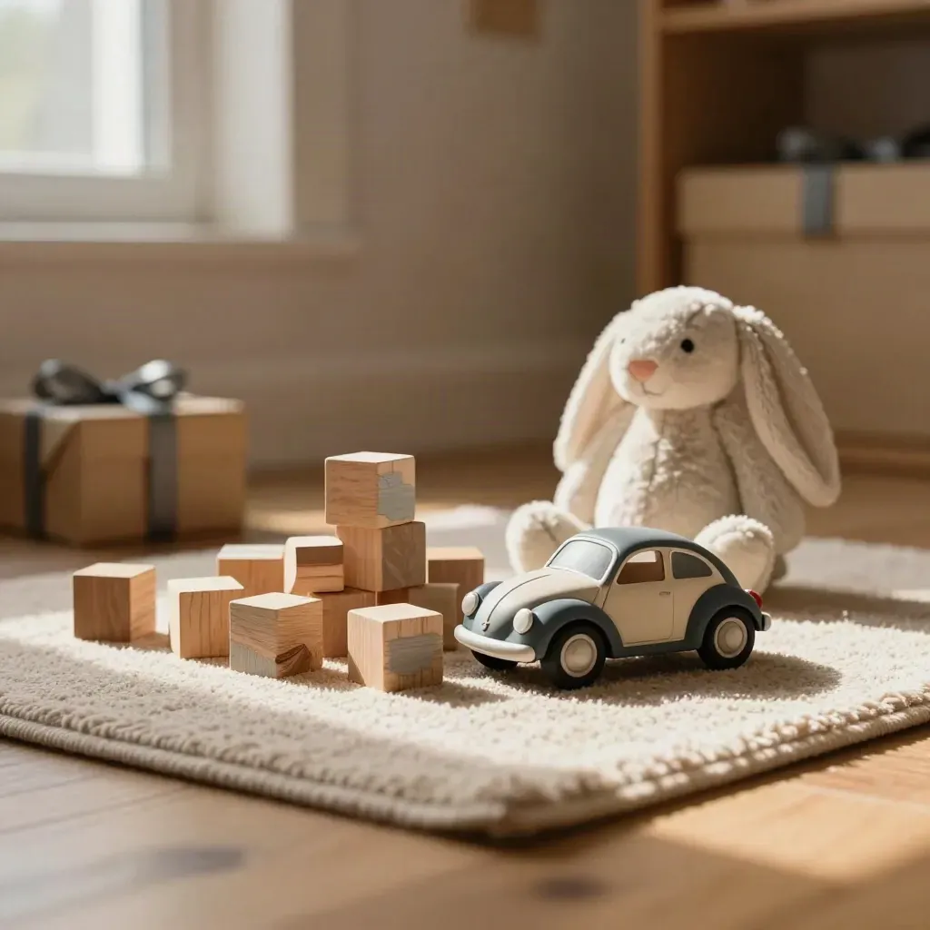 Houten blokken, speelgoedauto, knuffelkonijn en cadeau op een warm verlicht speelkamertapijt.