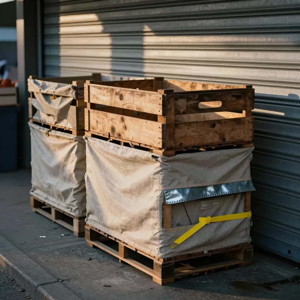 Marktkraam met afgedekte kratten, opgerolde luiken en lange avonds schaduwen.