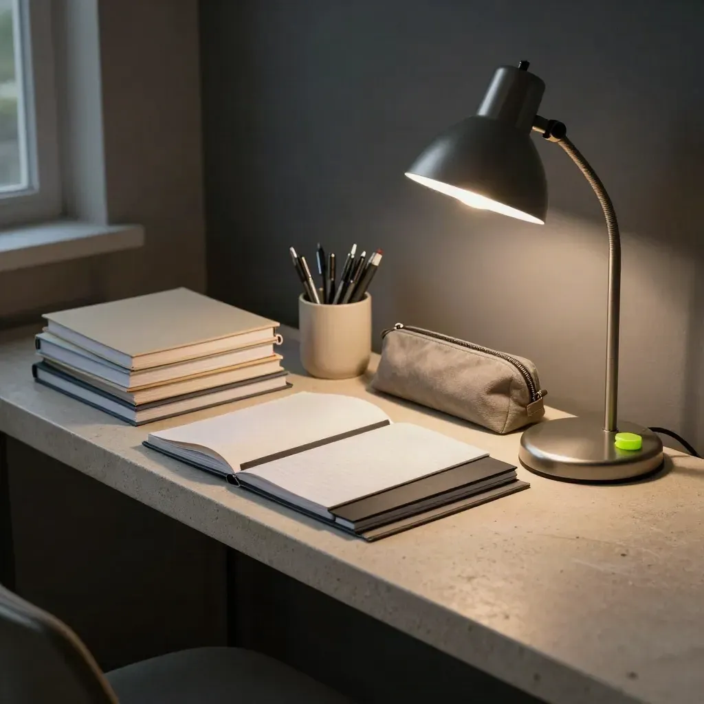 Opgeruimd huiswerkbureau met schriften, pennen, mapjes en lamp op stenen blad.