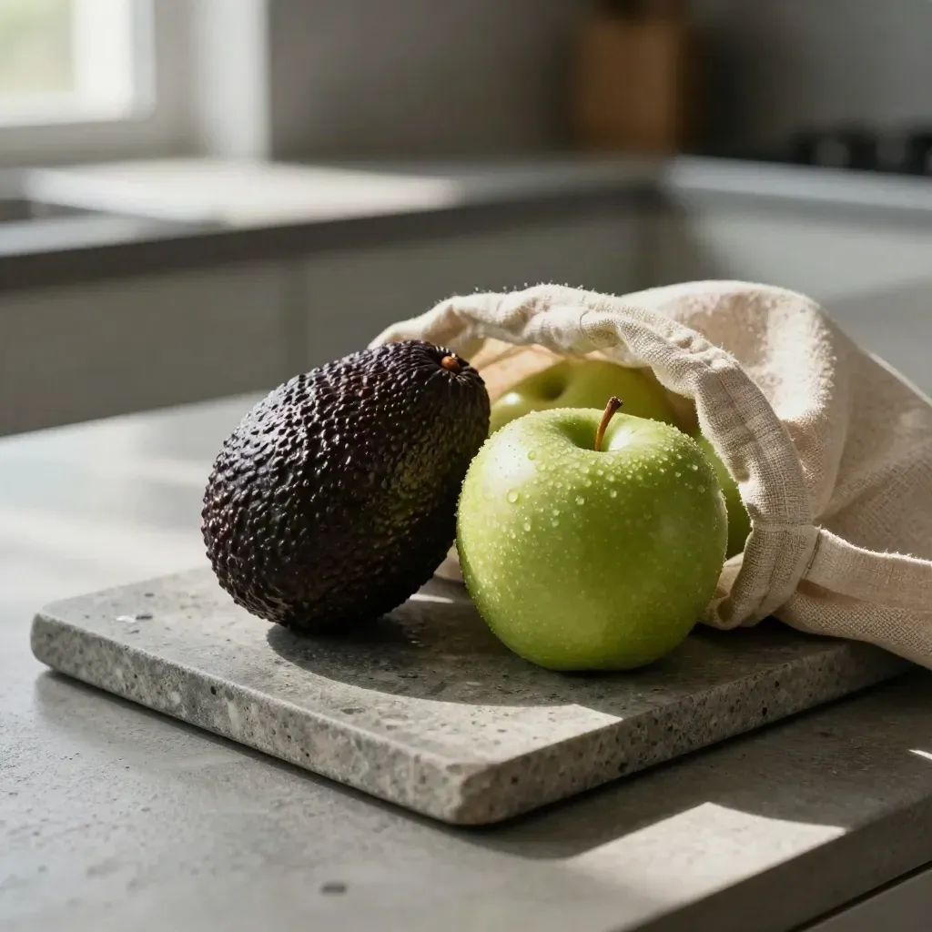 Avocado, groene appel en linnen groentenzak op een stenen tray in koel keukenlicht.