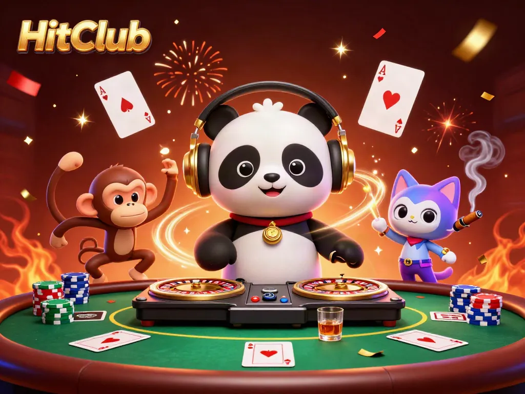 Experience HitClub’s vibrant casino scene with a lively DJ panda and fun characters.