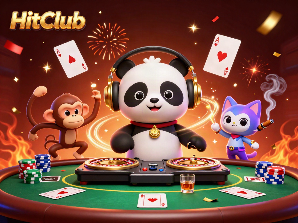 Experience HitClub’s vibrant casino scene with a lively DJ panda and fun characters.