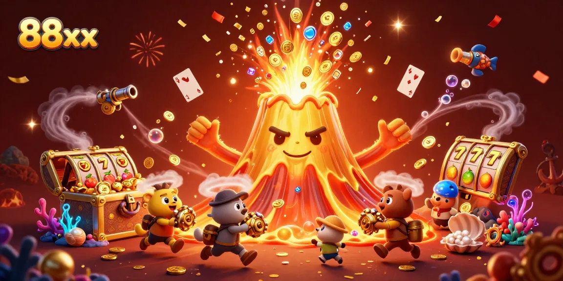 Experience excitement with 88xx as a golden volcano erupts coins, gems, and slot reels in a casino adventure.