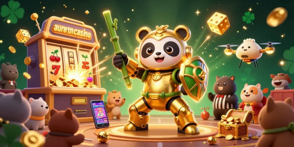 Aureoncasino features a vibrant 3D scene of a golden panda in a mech robot, amid slot games and celebratory elements.